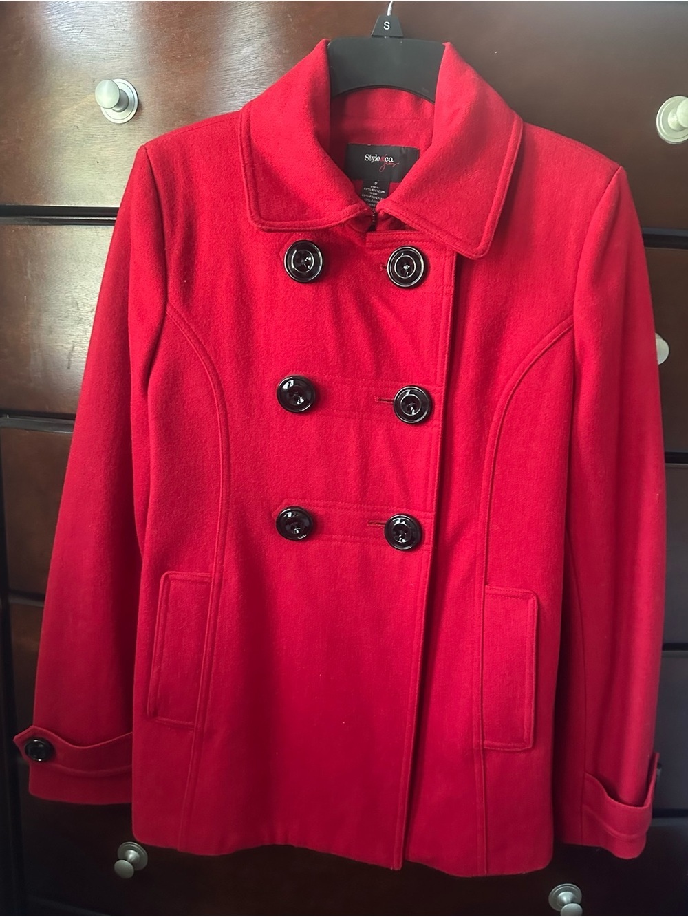 Style & Co. Jeans Red Double-Breasted Pea Coat with Black Buttons